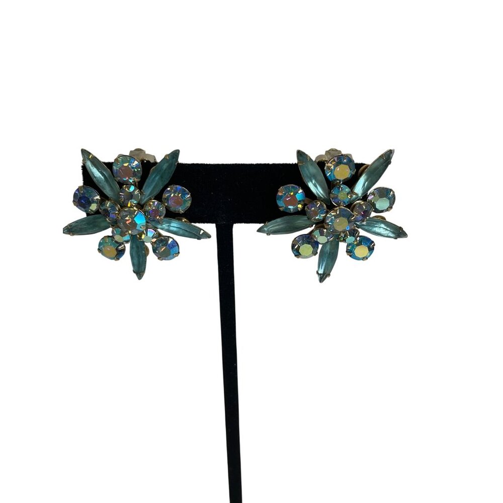 Judy Lee Aqua Blue AB Rhinestone Brooch Pin Clip On Earrings Set Starburst VTG - Picture 14 of 16